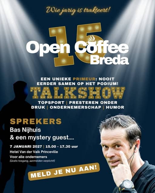 Poster van de jubileumtalkshow 15 jaar Open Coffee Breda met Bas Nijhuis, 7 januari 2027